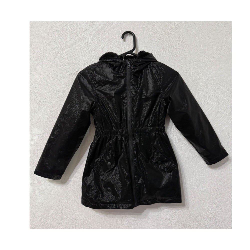 J for Justify Girls Black Shimmer Hooded Coat Sz 7 Faux Fur Lined Cinched Waist